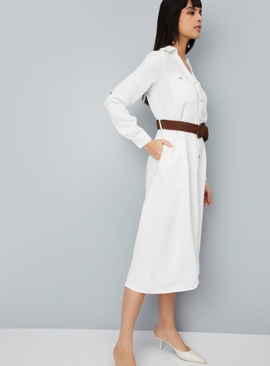 Women Solid Shirt Midi Dress with Belt