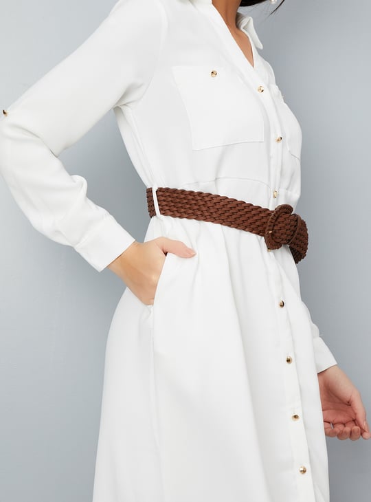 Women Solid Shirt Midi Dress with Belt