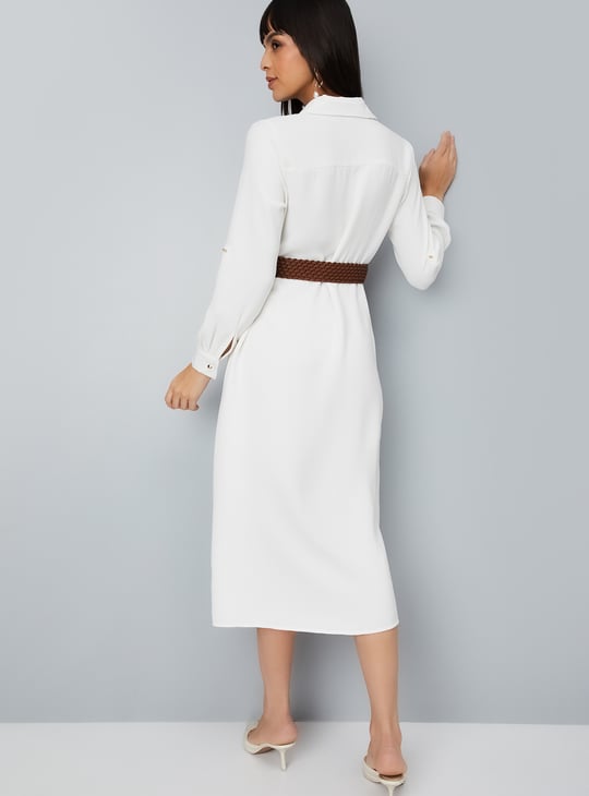 Women Solid Shirt Midi Dress with Belt