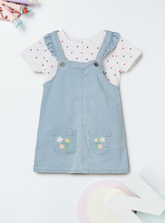 Girls Embroidered Dungaree Dress with T-shirt
