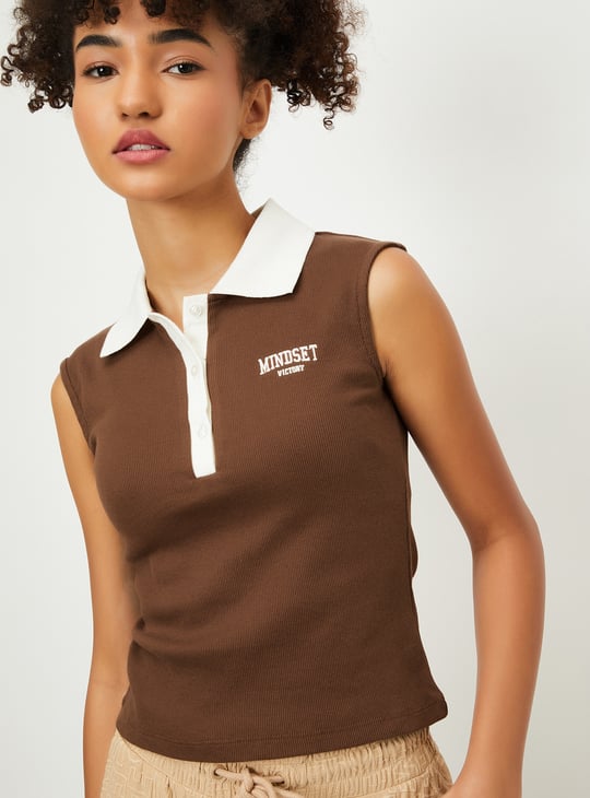 Women Contrast Polo Collar T-shirt