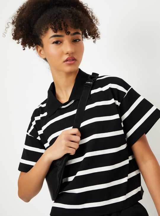 Women Striped Boxy Fit Crop Polo T-shirt