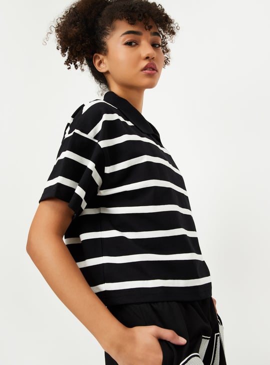Women Striped Boxy Fit Crop Polo T-shirt