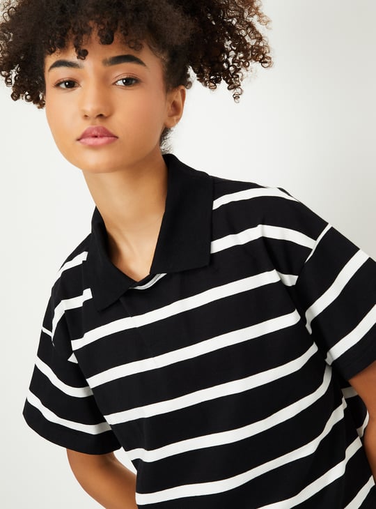 Women Striped Boxy Fit Crop Polo T-shirt