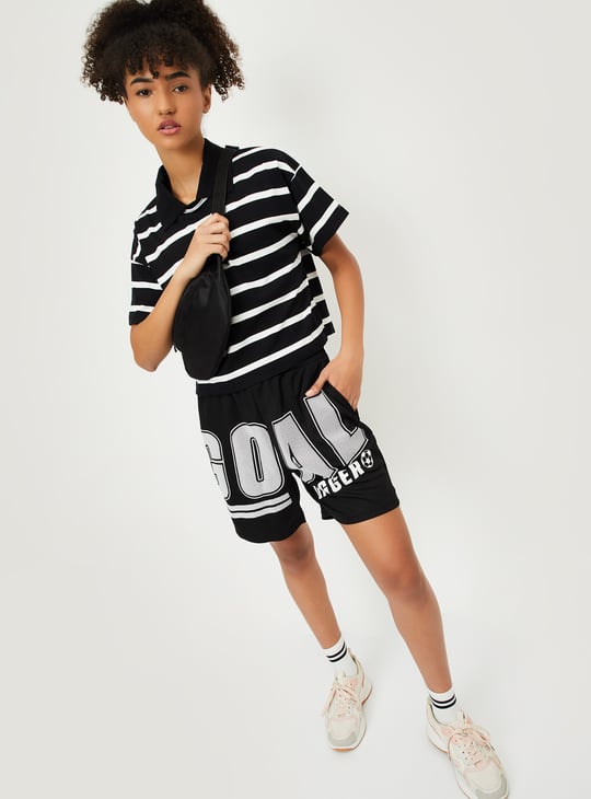 Women Striped Boxy Fit Crop Polo T-shirt