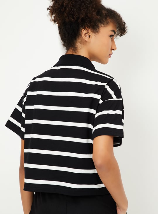 Women Striped Boxy Fit Crop Polo T-shirt