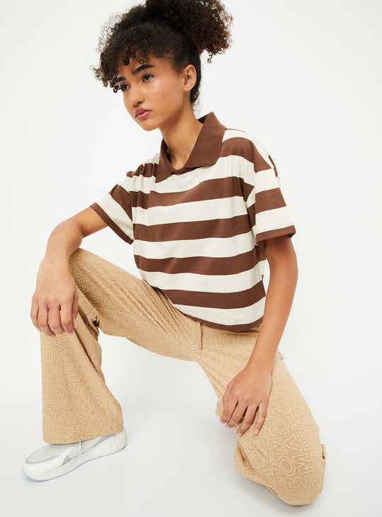 Women Striped Boxy Fit Crop Polo T-shirt