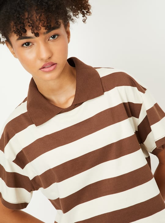Women Striped Boxy Fit Crop Polo T-shirt