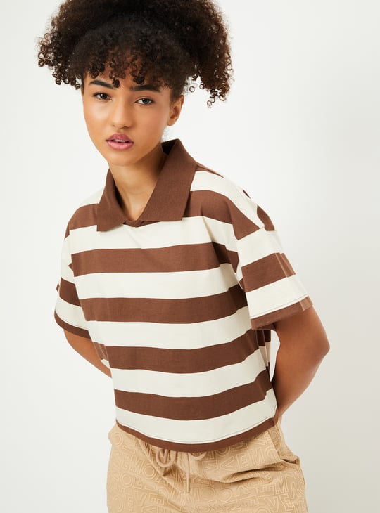Women Striped Boxy Fit Crop Polo T-shirt