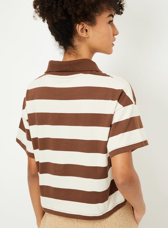 Women Striped Boxy Fit Crop Polo T-shirt