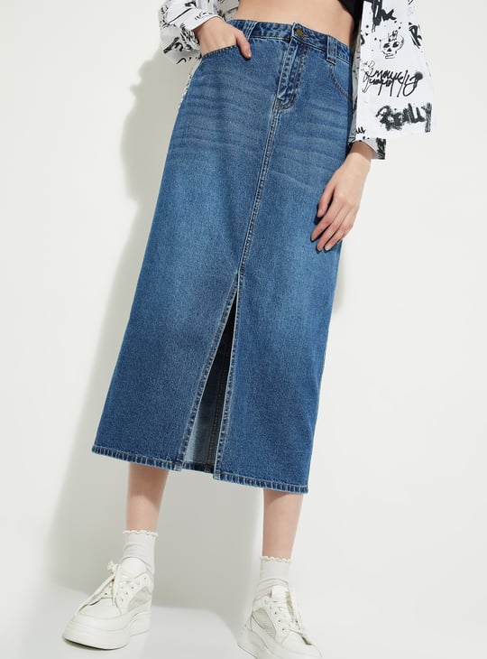 ALAYA F x URB_N Whiskered Denim Midi Skirt