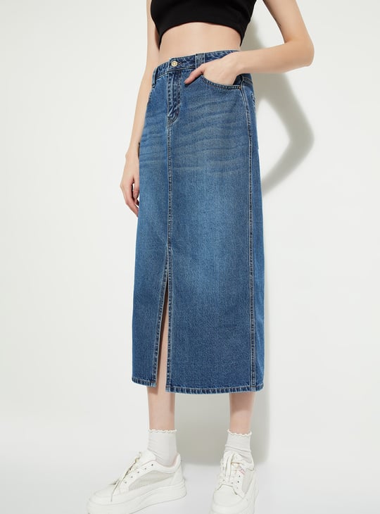 ALAYA F x URB_N Whiskered Denim Midi Skirt