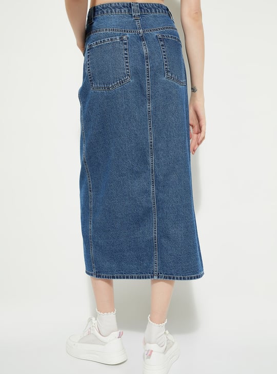 ALAYA F x URB_N Whiskered Denim Midi Skirt