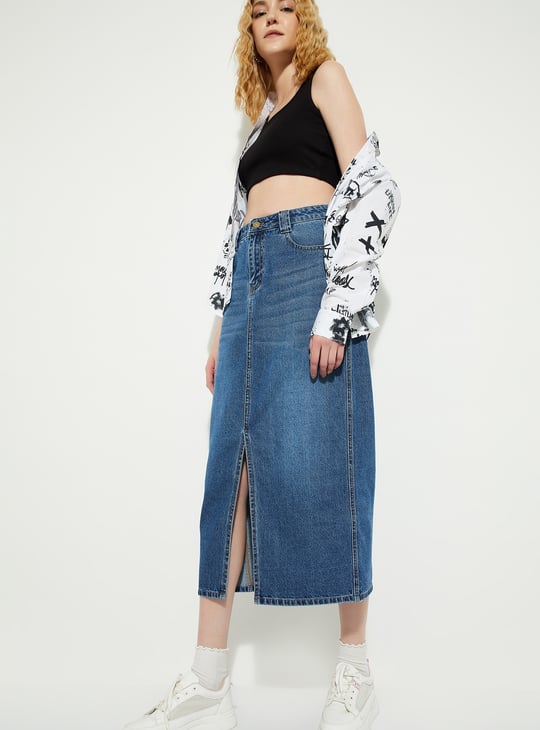ALAYA F x URB_N Whiskered Denim Midi Skirt