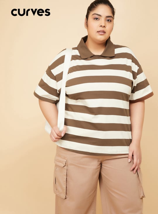 Women Striped Boxy Fit Crop Polo T-shirt