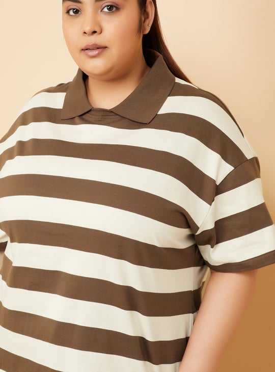 Women Striped Boxy Fit Crop Polo T-shirt