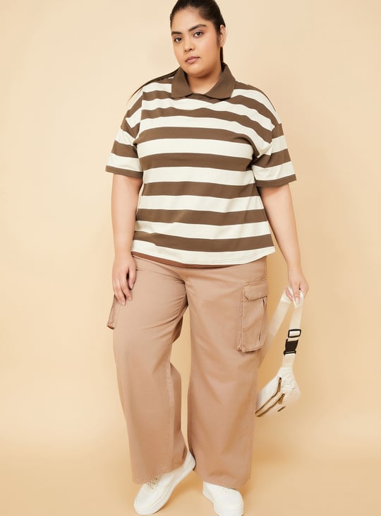 Women Striped Boxy Fit Crop Polo T-shirt