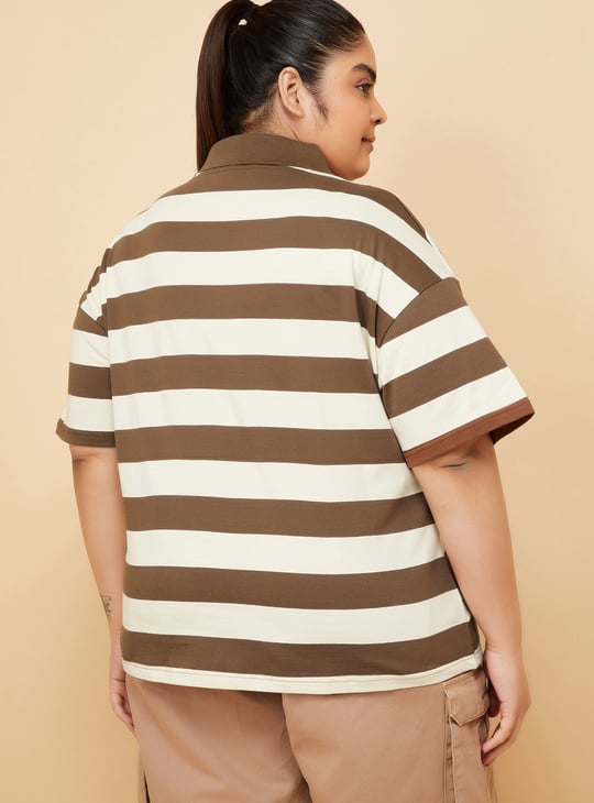Women Striped Boxy Fit Crop Polo T-shirt