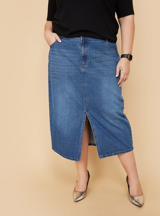 ALAYA F x URB_N Whiskered Denim Midi Skirt | Blue | Straight
