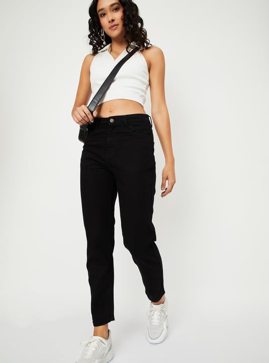 Women Solid High Rise Mom Fit Crop Jeans Black