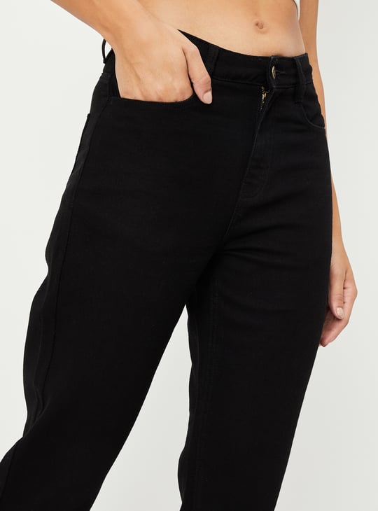 Women Solid High Rise Mom Fit Crop Jeans