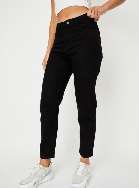Women Solid High Rise Mom Fit Crop Jeans