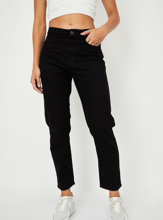 Women Solid High Rise Mom Fit Crop Jeans