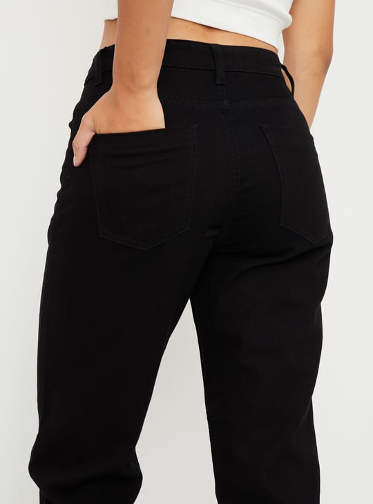 Women Solid High Rise Mom Fit Crop Jeans