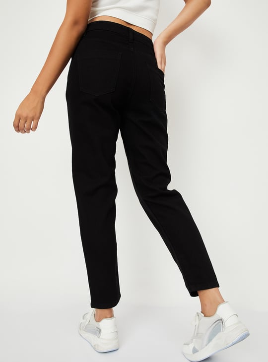 Women Solid High Rise Mom Fit Crop Jeans