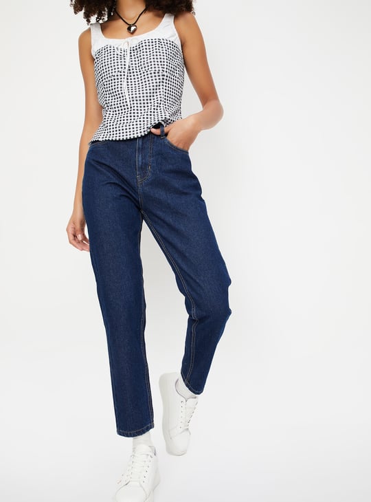 Women Washed High Rise Mom Fit Jeans
