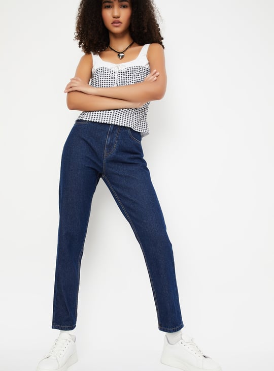 Women Washed High Rise Mom Fit Jeans