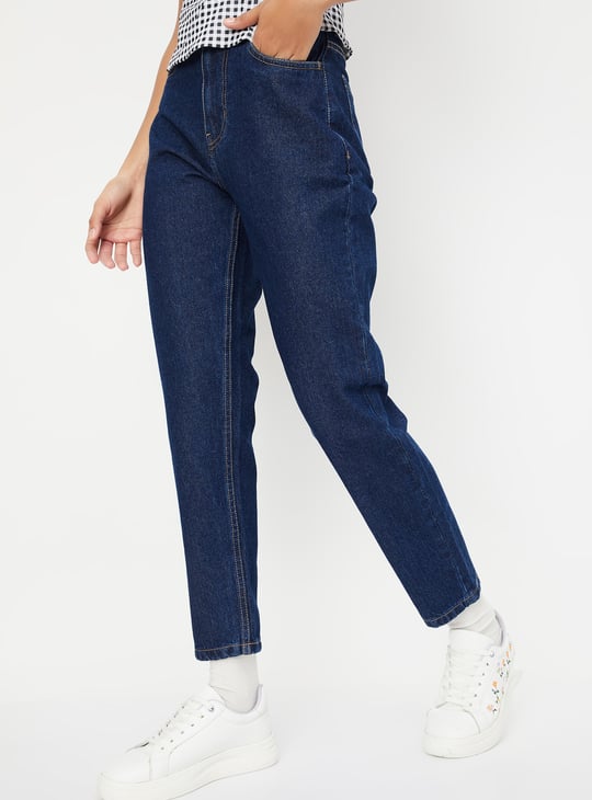 Women Washed High Rise Mom Fit Jeans