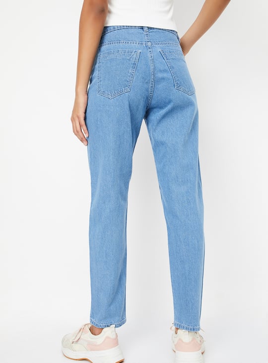 Women Washed High Rise Mom Fit Jeans