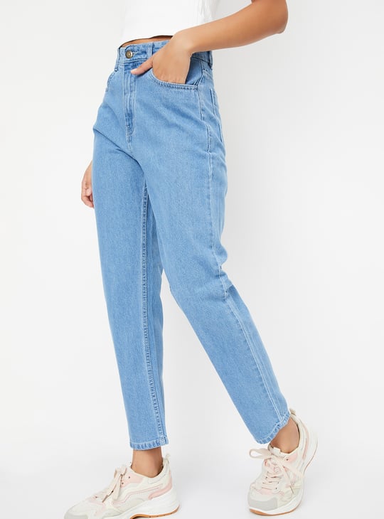 Women Washed High Rise Mom Fit Jeans