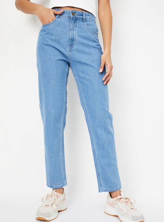 Women Washed High Rise Mom Fit Jeans