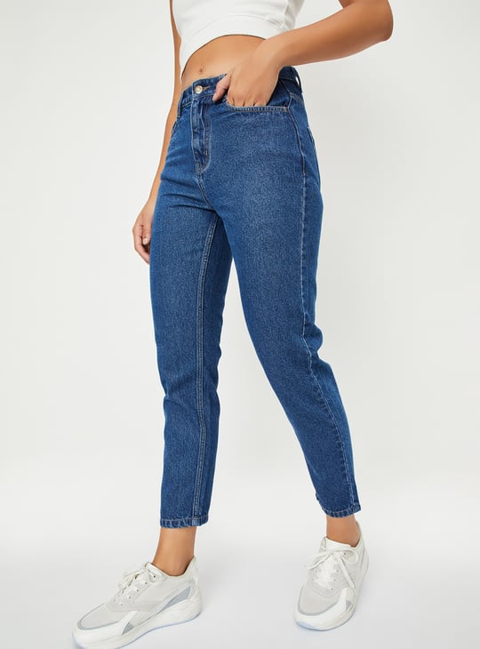 Women Washed High Rise Mom Fit Jeans