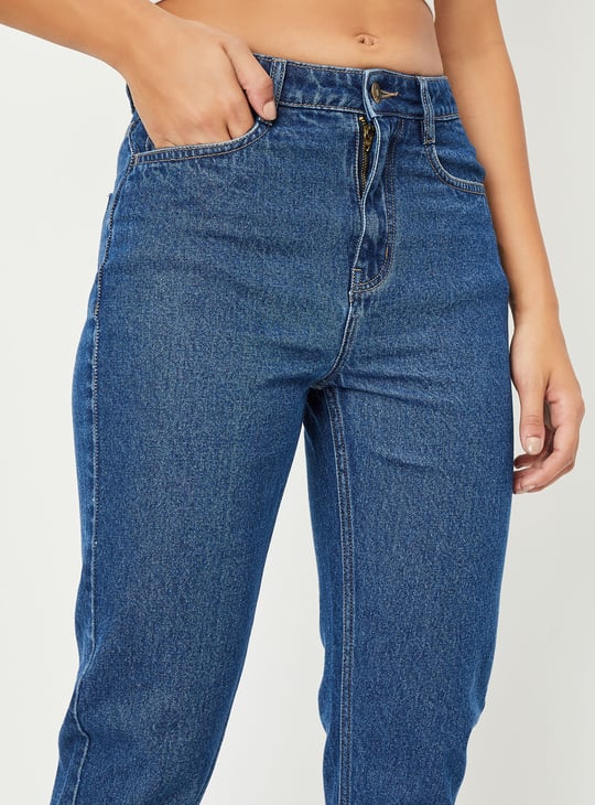 Women Washed High Rise Mom Fit Jeans