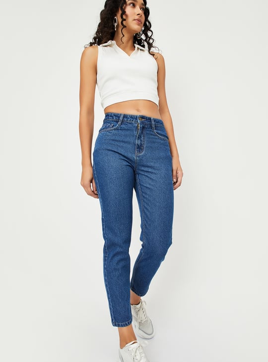 Women Washed High Rise Mom Fit Jeans