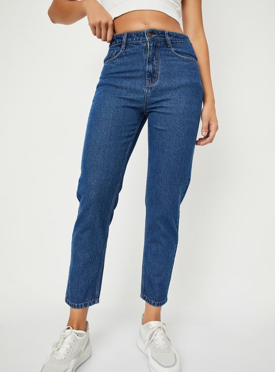 Women Washed High Rise Mom Fit Jeans