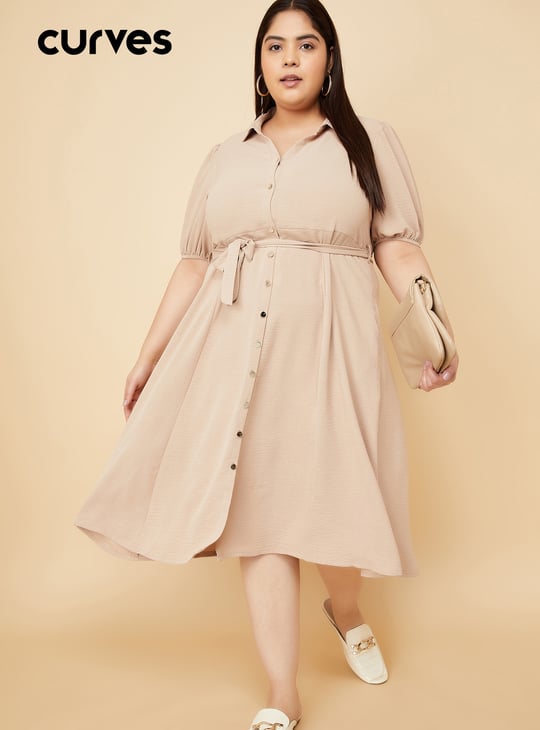 Women Textured Belted Midi Dress