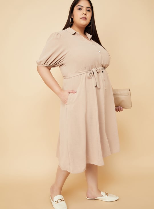 Women Textured Belted Midi Dress