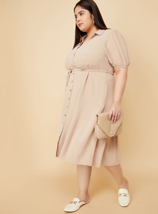 Women Textured Belted Midi Dress