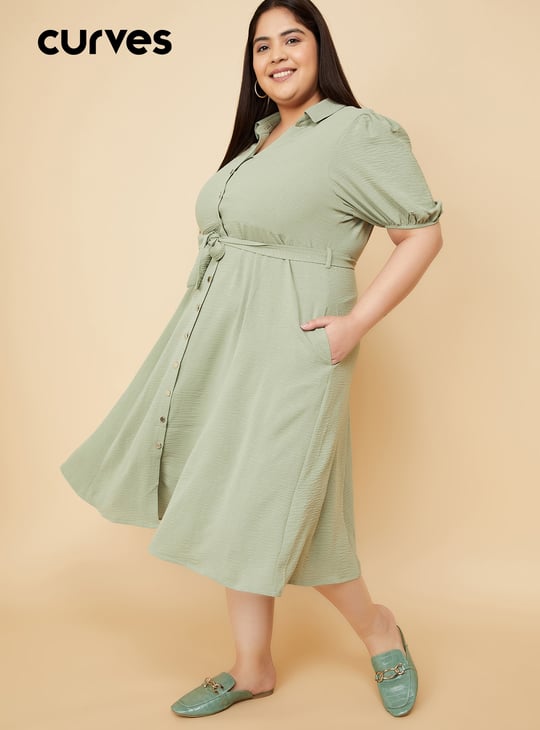 Women Textured Belted Midi Dress