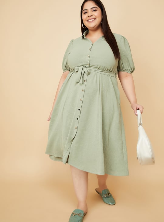 Women Textured Belted Midi Dress