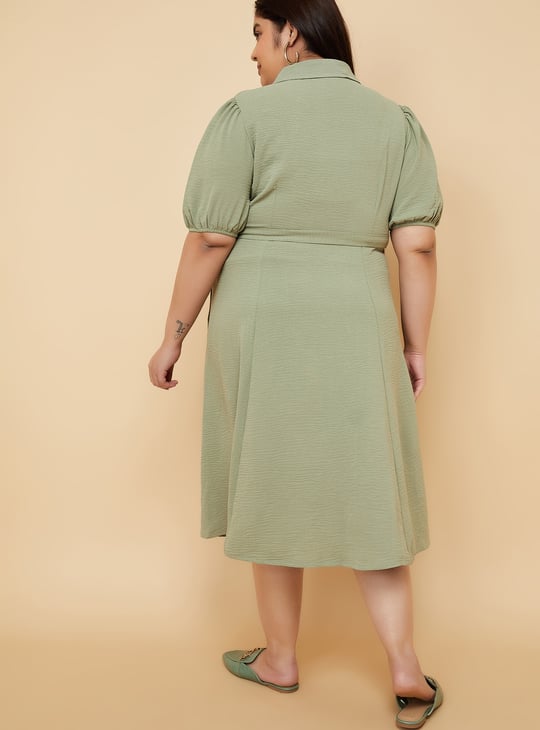Women Textured Belted Midi Dress