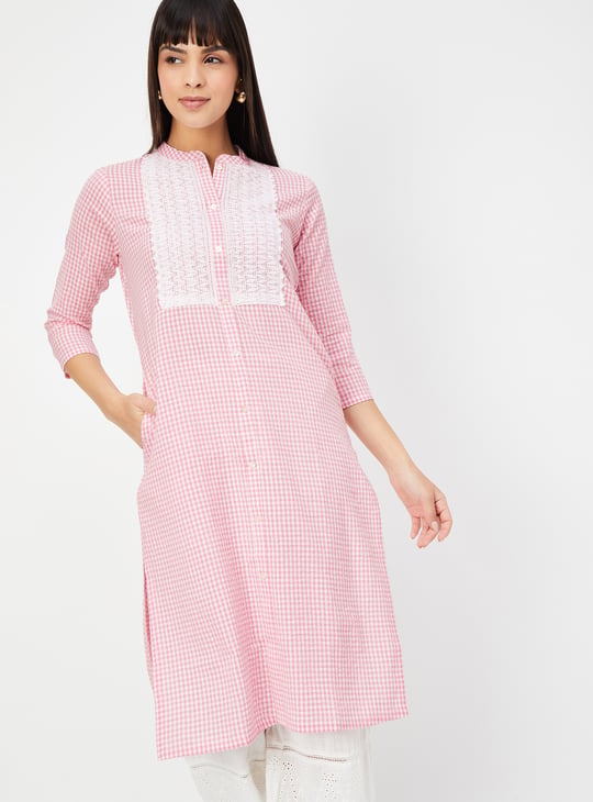 Women Lace Embroidered Checked Straight Kurta