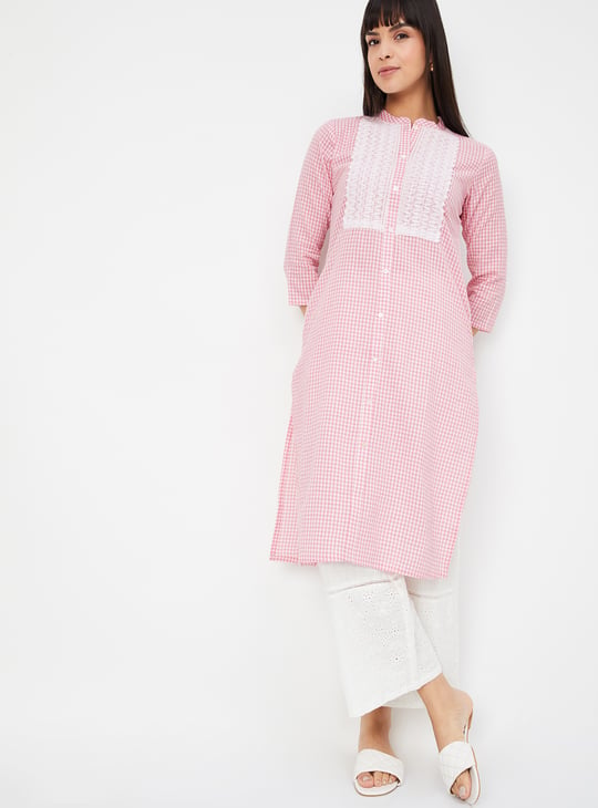 Women Lace Embroidered Checked Straight Kurta