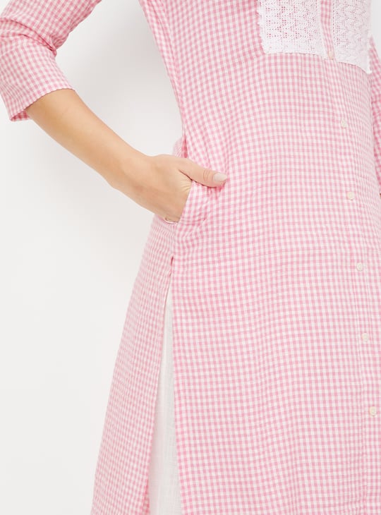 Women Lace Embroidered Checked Straight Kurta