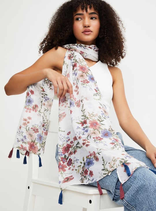 Women Floral Print Scarf with Tassels
