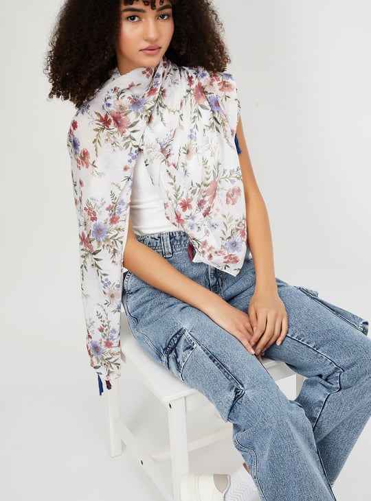 Women Floral Print Scarf with Tassels